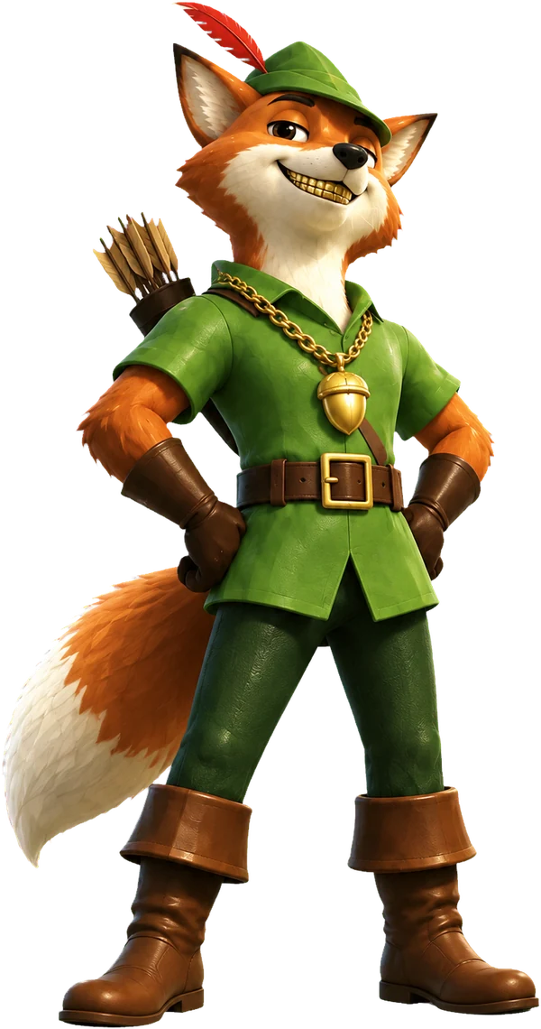 The fox in his green cap, hands on his hips