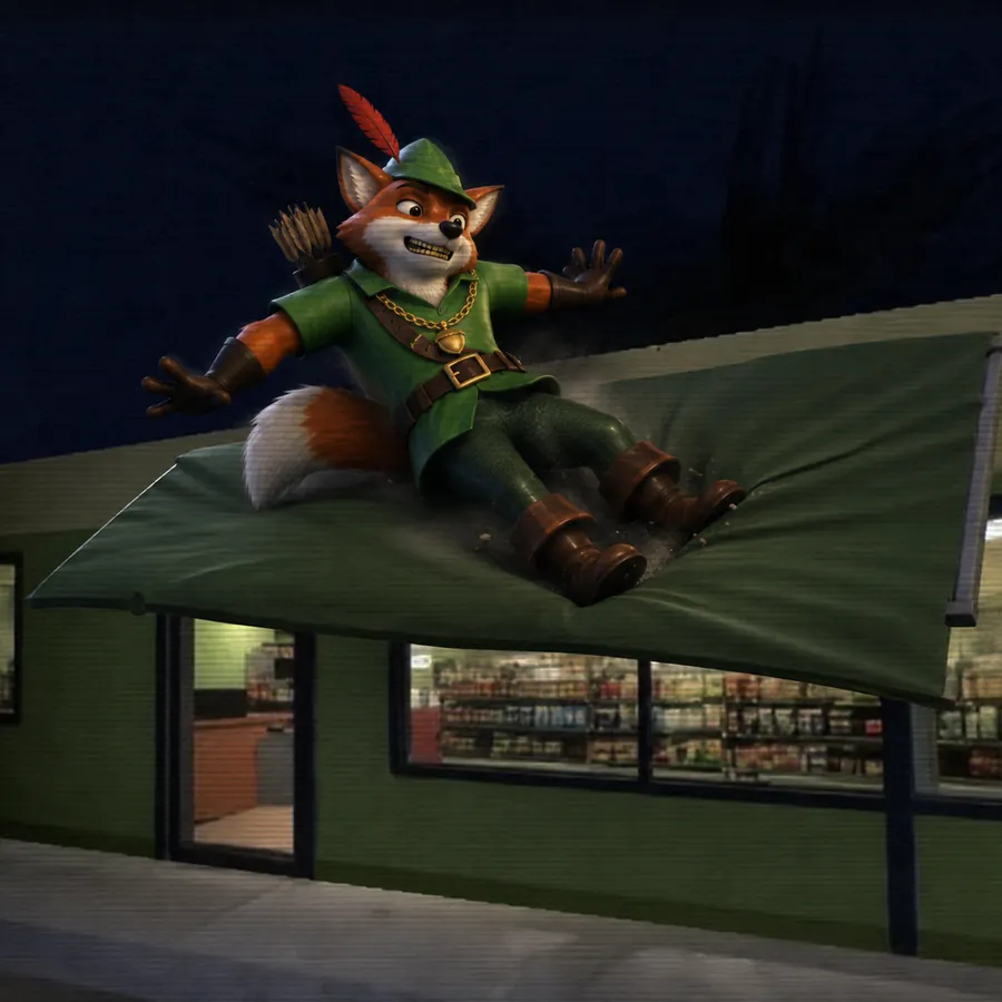 The fox crashing off a roof into a market awning