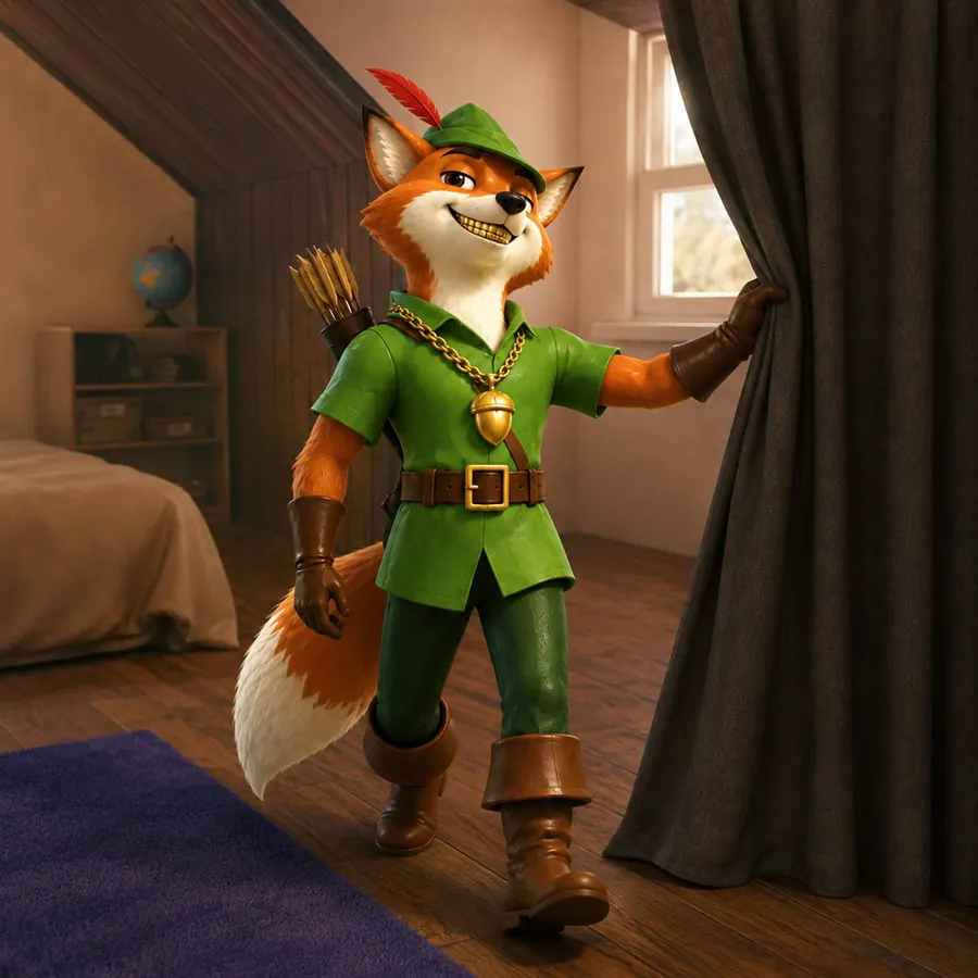 The fox stepping out of a fitting room in a new outfit