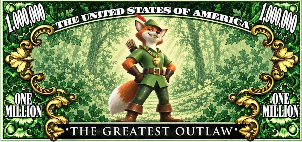 The million dollar note showing the fox standing full height in the oak wood