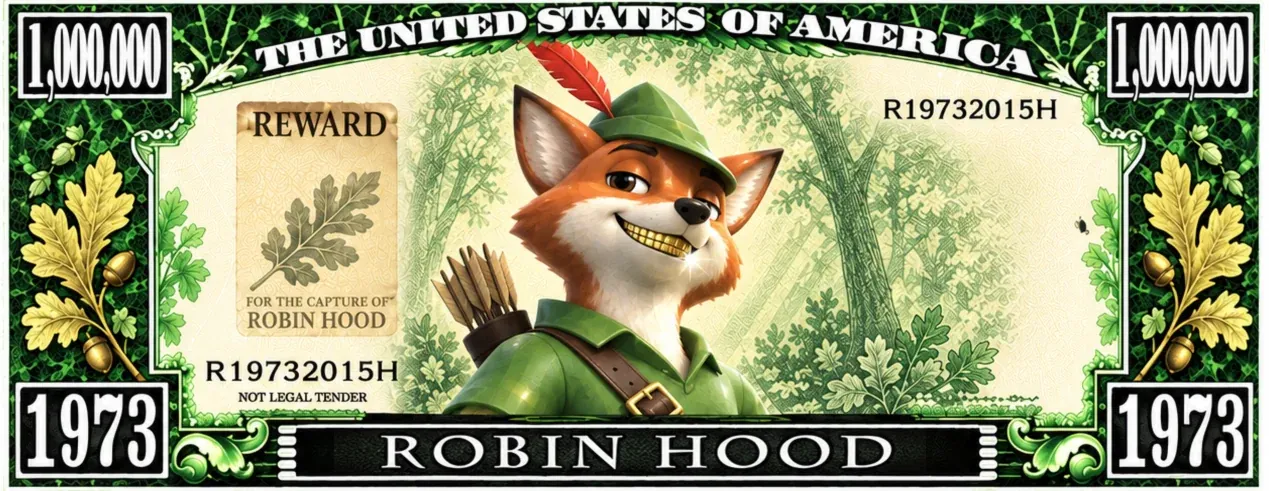 The million dollar note, reward poster on the left and the fox in his cap on the right