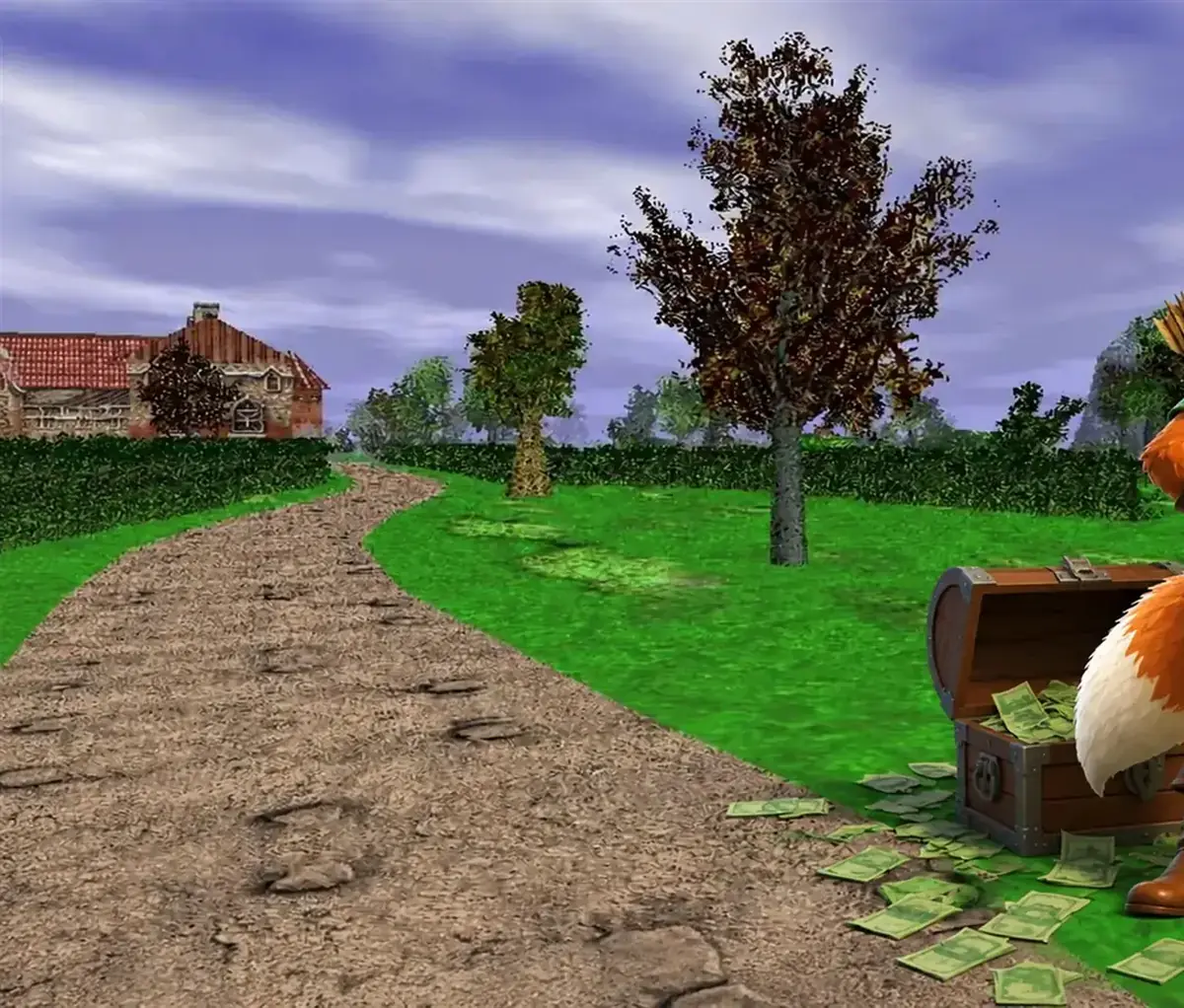A forest clearing with a dirt path running past an old brick house